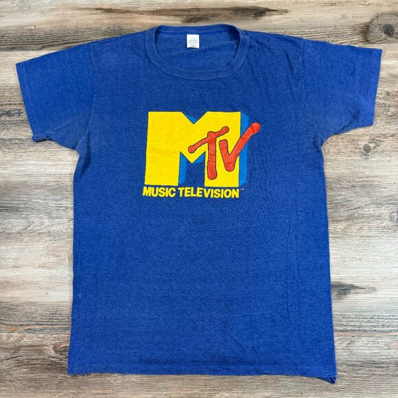 Rare Vintage 80s MTV Music Television Logo Screen Stars Single Stitch Blue Tee